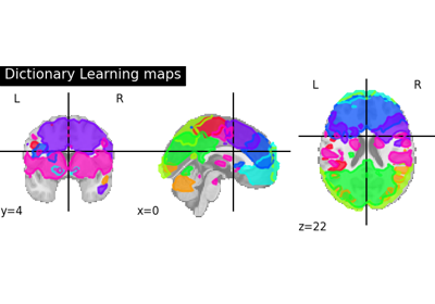 Regions extraction using :term:`Dictionary learning` and functional connectomes