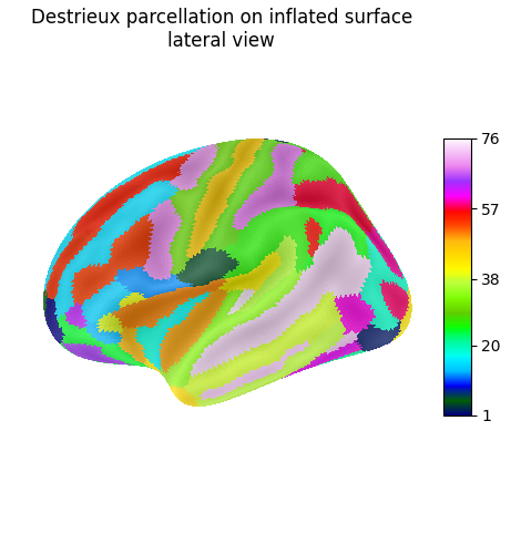 Destrieux parcellation on inflated surface lateral view