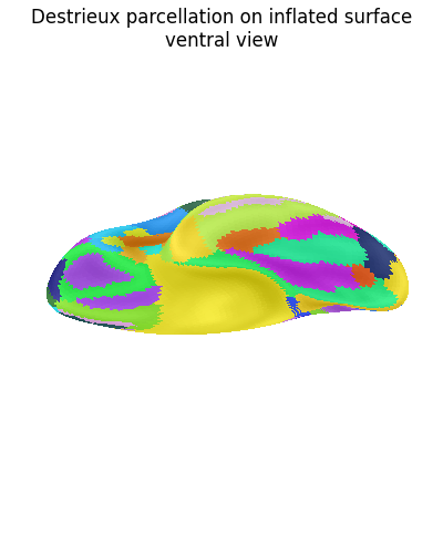 Destrieux parcellation on inflated surface ventral view